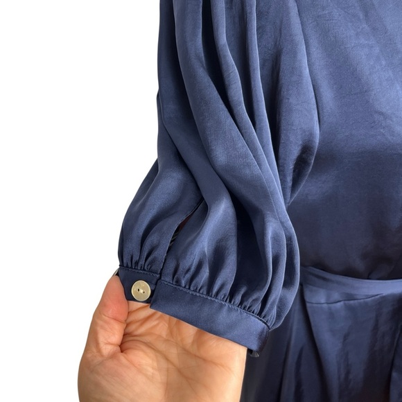 ARITZIA WILFRED Free Lune Classy Navy Blue Satin Puff Sleeve Wrap Dress Medium - Picture 7 of 13